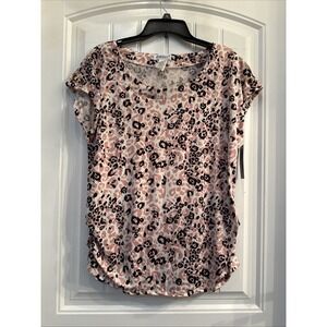 Chandly Cheetah Print Blouse Pink Grommet Sleeve Detail Ruching  NWT